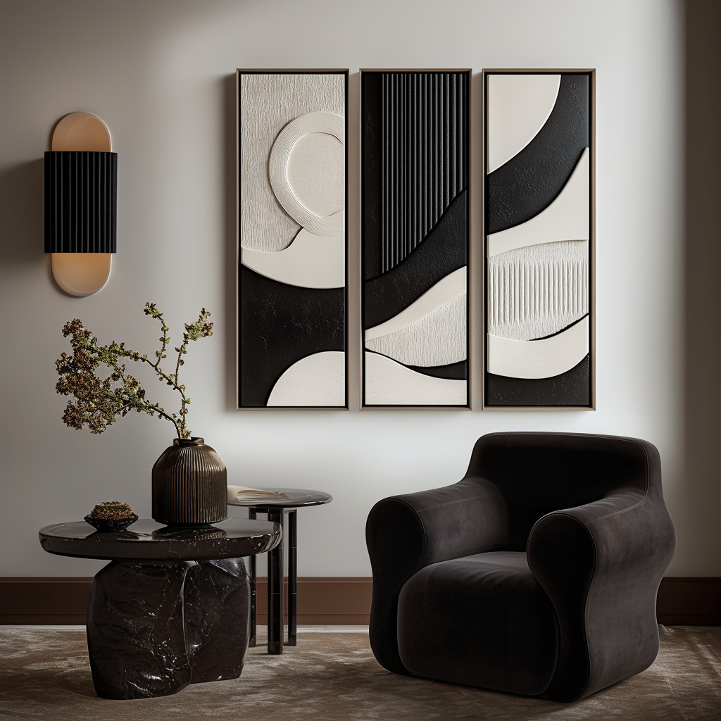 Echoes of Silence-Geometric Textured 3-Panel Wall Art Set, Black and White Minimalist Modern Decor