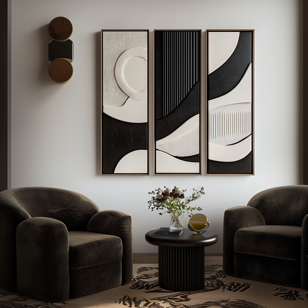 Echoes of Silence-Geometric Textured 3-Panel Wall Art Set, Black and White Minimalist Modern Decor
