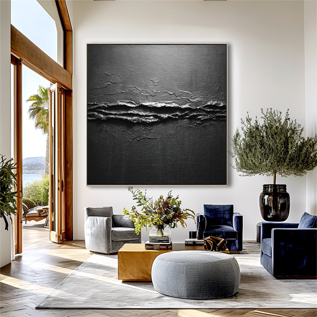 Horizon Edge – Large Black Abstract Textured 3D Canvas Wall Art