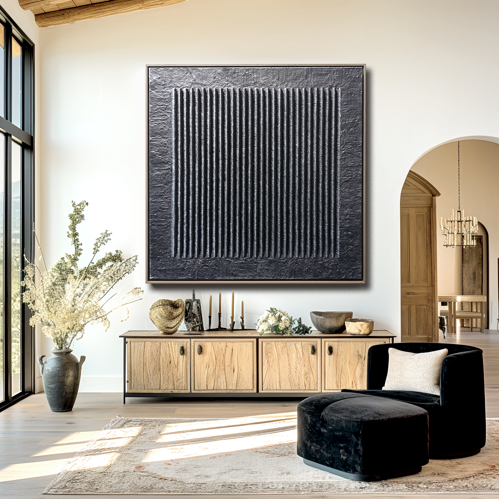 Linear Balance – Large Black Textured Abstract 3D Canvas Wall Art