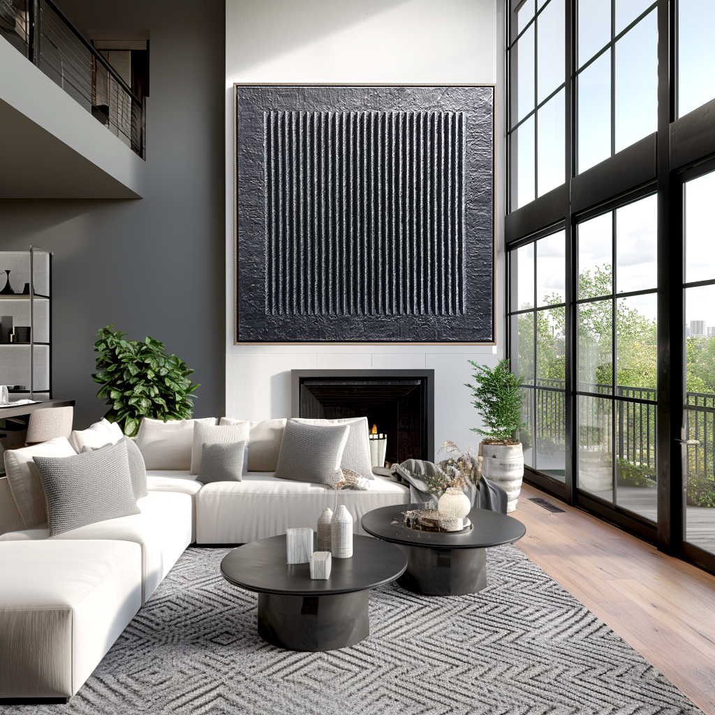 Linear Balance – Large Black Textured Abstract 3D Canvas Wall Art