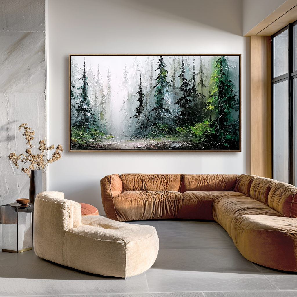 Panoramic Forest Landscape Oil Painting - Large Misty Nature Wall Art
