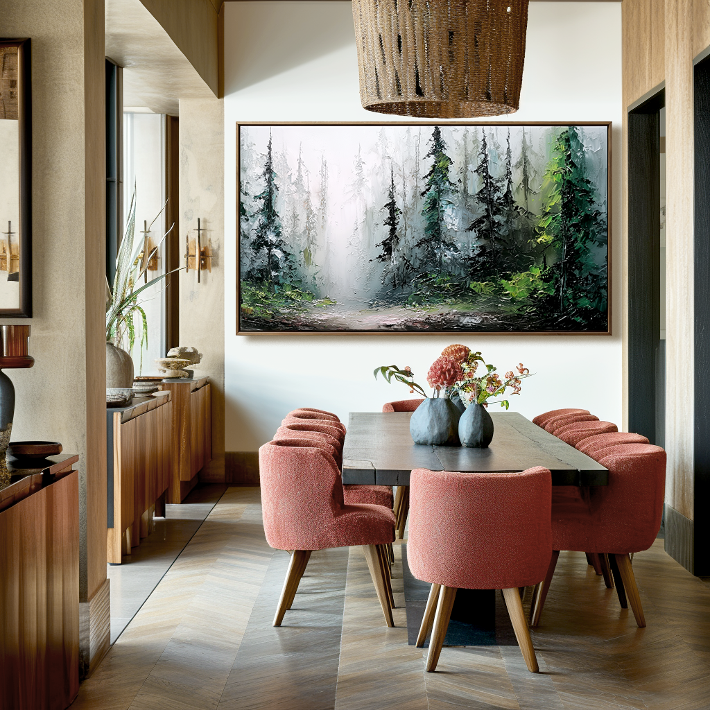 Panoramic Forest Landscape Oil Painting - Large Misty Nature Wall Art