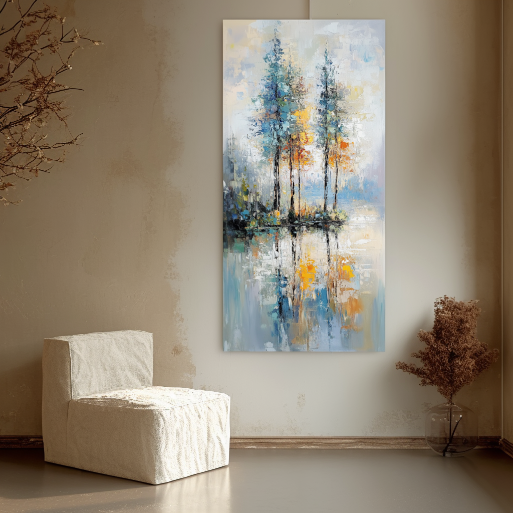 Reflections of Serenity-Textured Abstract Lakeside Painting for Modern Decor