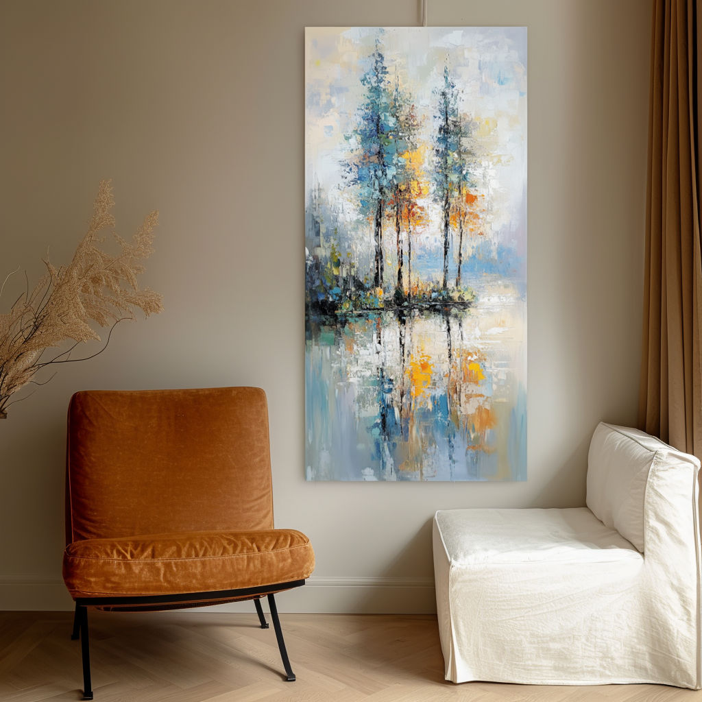 Reflections of Serenity-Textured Abstract Lakeside Painting for Modern Decor