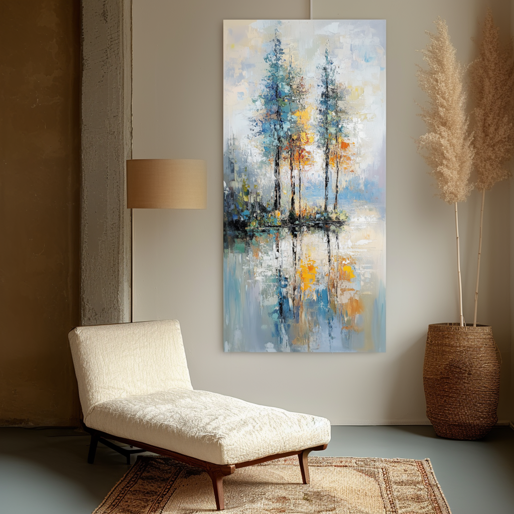 Reflections of Serenity-Textured Abstract Lakeside Painting for Modern Decor