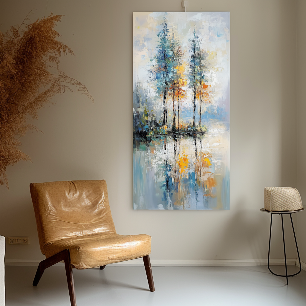 Reflections of Serenity-Textured Abstract Lakeside Painting for Modern Decor