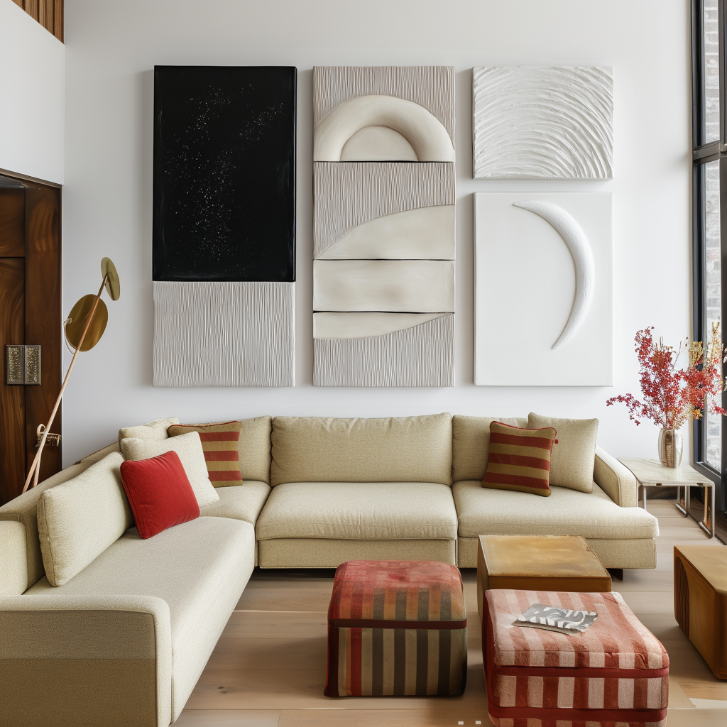 Silent Geometry-Modern Abstract Multi - Panel Wall Art Set - Textured Geometric & Curved Shapes in Neutral Tones for Home Decor