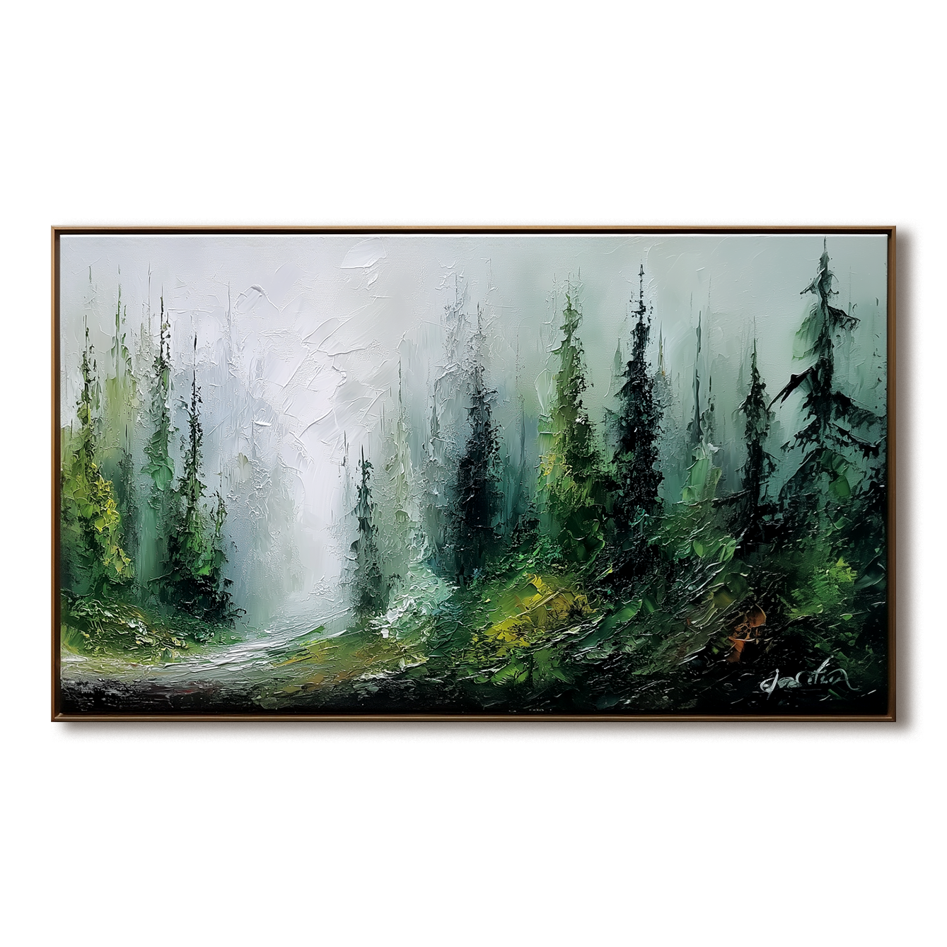 Wide Forest Landscape Oil Painting - Large Misty Nature Canvas Wall Art
