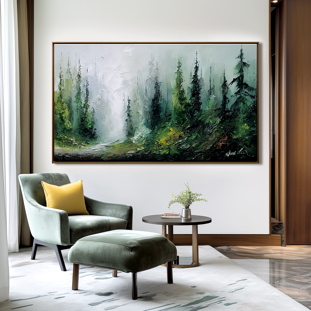 Wide Forest Landscape Oil Painting - Large Misty Nature Canvas Wall Art