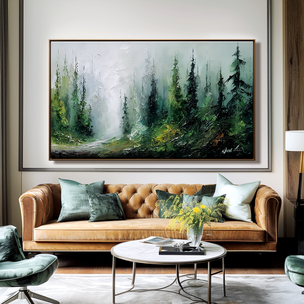 Wide Forest Landscape Oil Painting - Large Misty Nature Canvas Wall Art