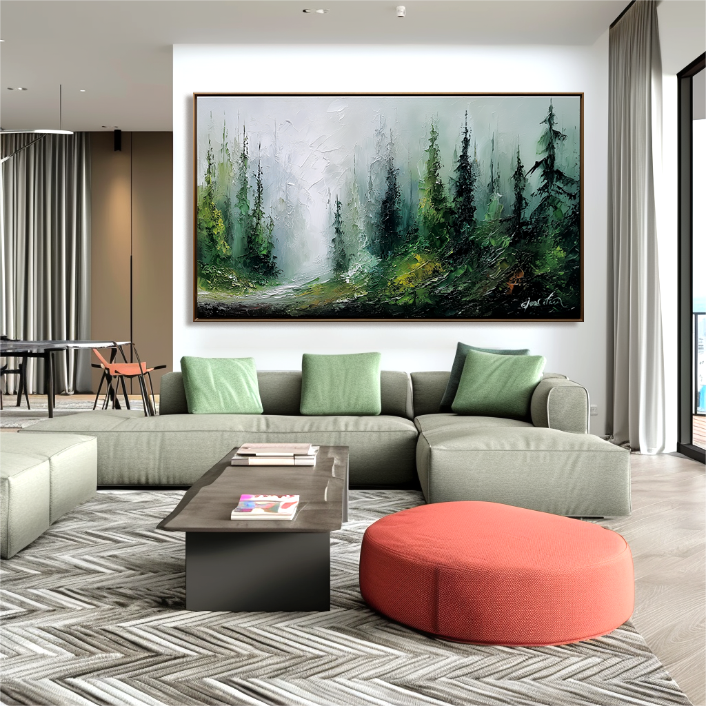 Wide Forest Landscape Oil Painting - Large Misty Nature Canvas Wall Art