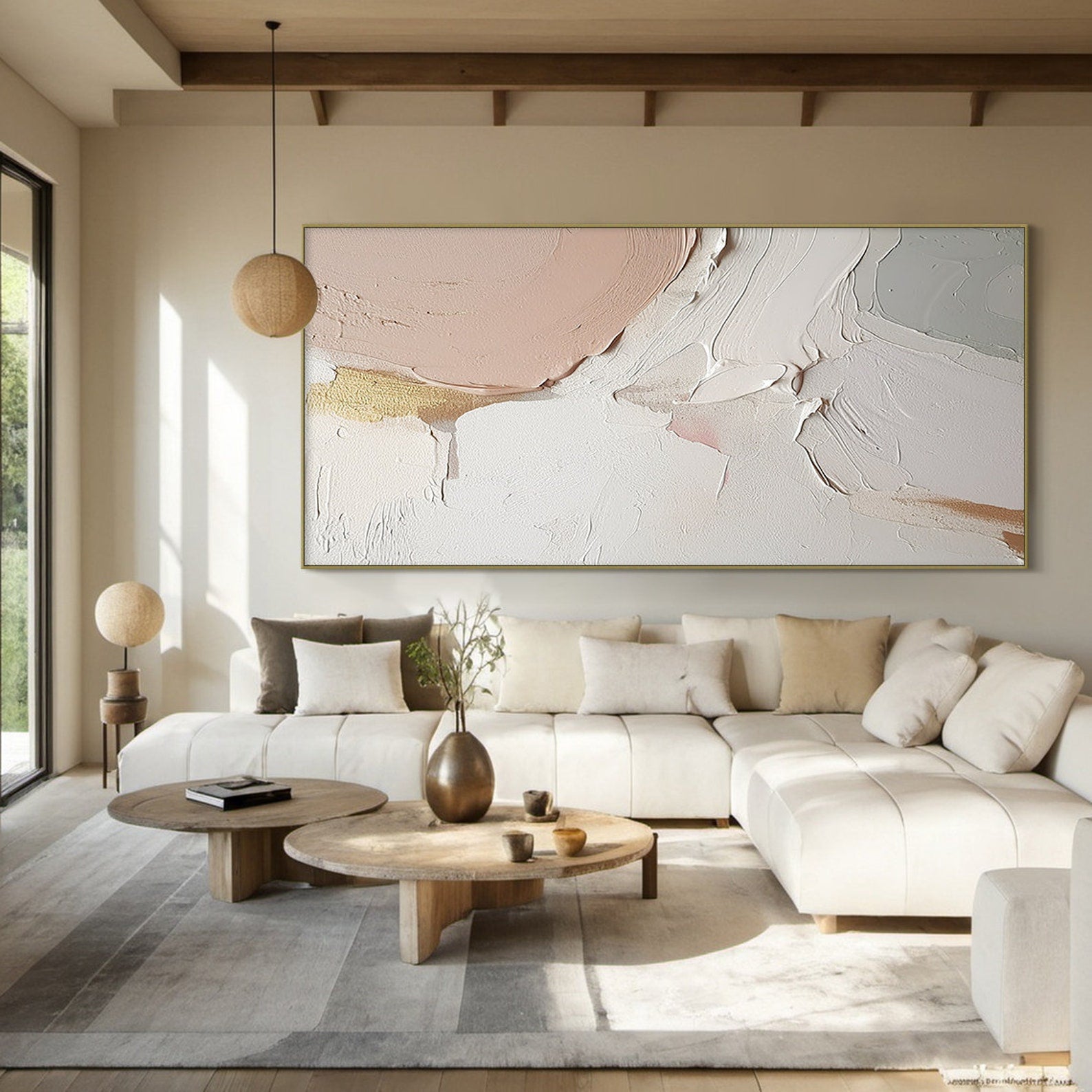 Blushing Horizon-Large Horizontal Abstract Textured Oil Painting for Living Room