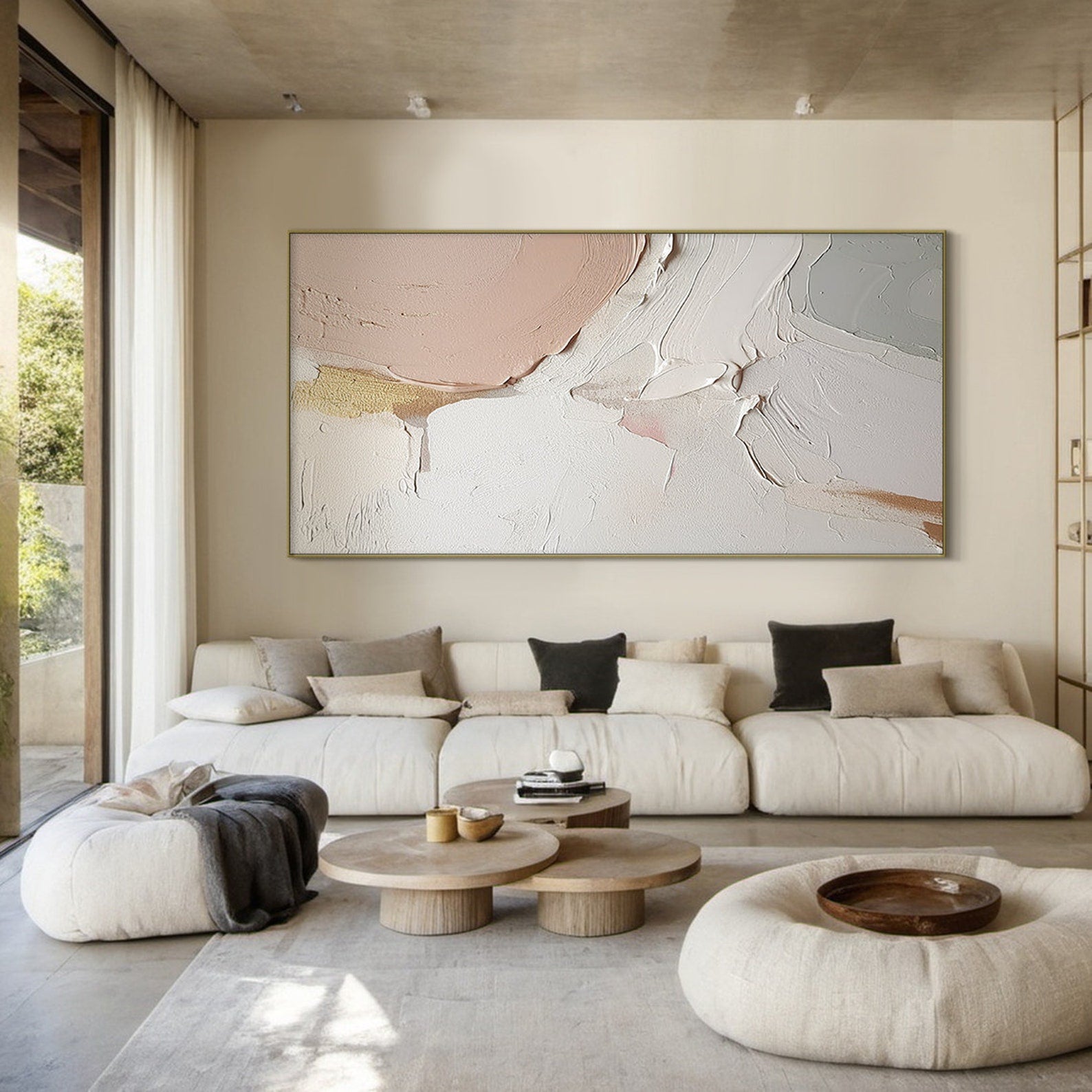 Blushing Horizon-Large Horizontal Abstract Textured Oil Painting for Living Room