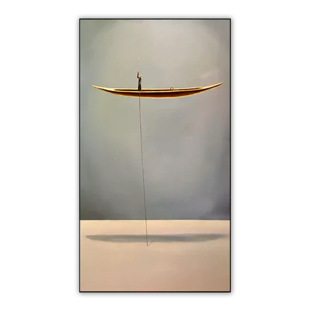 Distance-Minimalist Abstract Art of Golden Boat Painting for Tranquil Home Decor