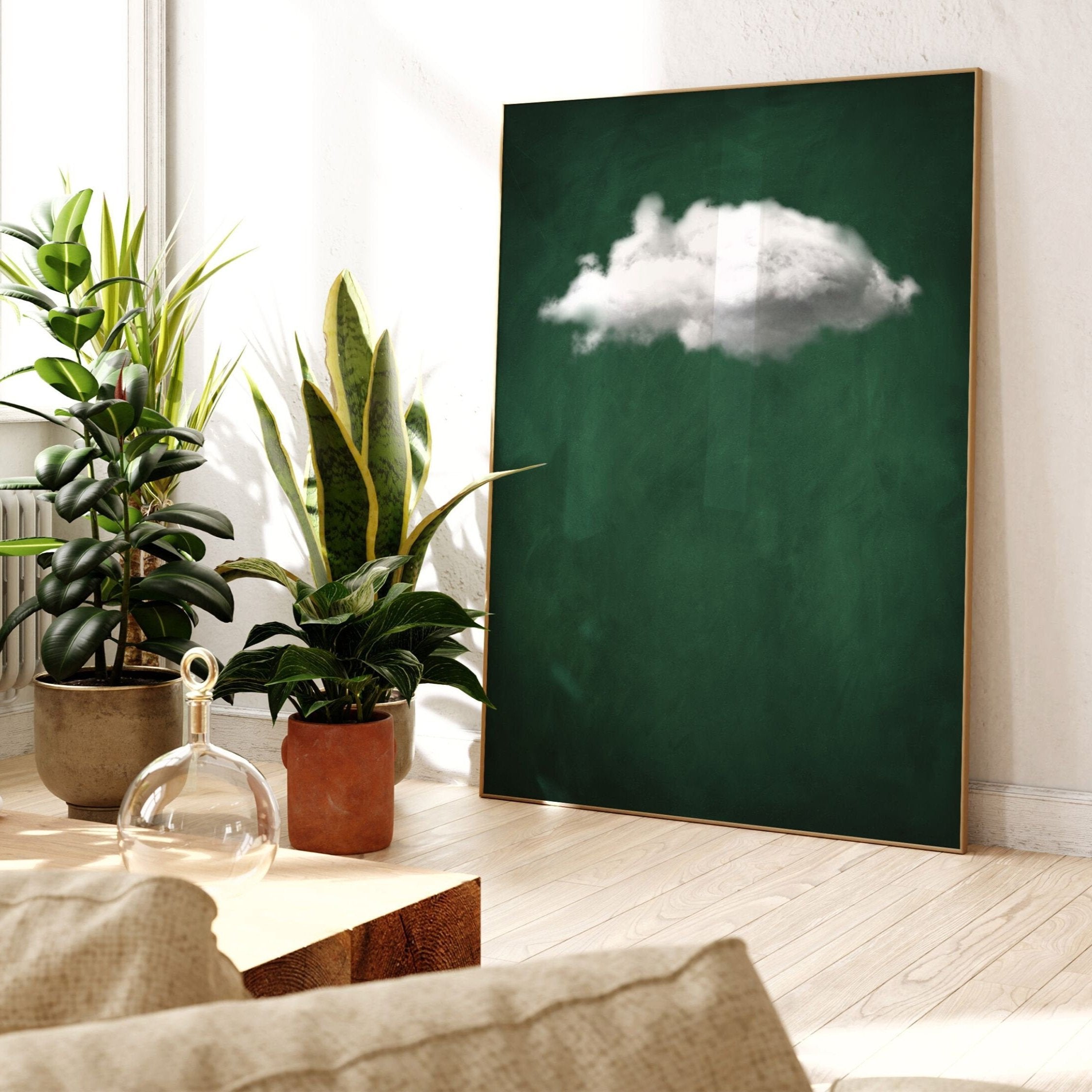 Ephemeral Echo-Minimalist Green and White Textured Abstract Oil Painting for modern decor