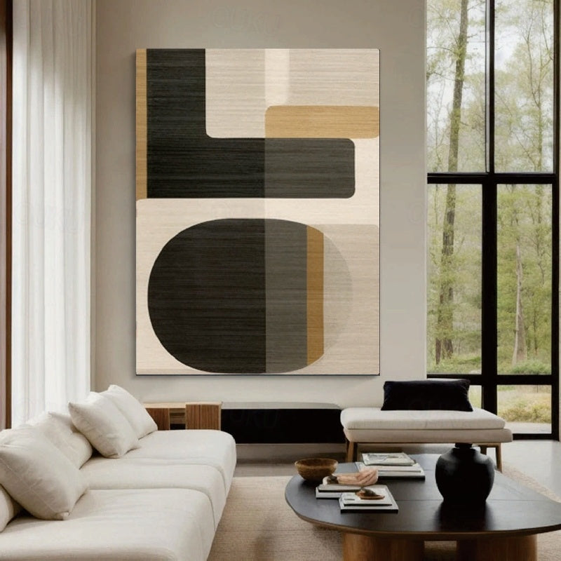 Geometric Harmony- Modern Minimalist Geometric Abstract Large Diptych Wall Art: Neutral Brown & Black Toned Framed Canvas Decor for Contemporary Interiors