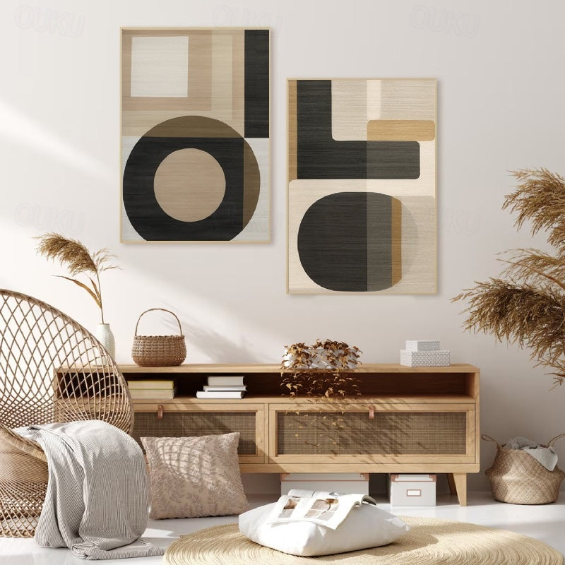Geometric Harmony- Modern Minimalist Geometric Abstract Large Diptych Wall Art: Neutral Brown & Black Toned Framed Canvas Decor for Contemporary Interiors