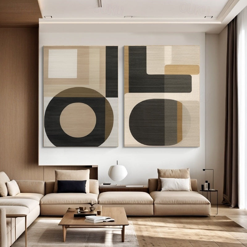 Geometric Harmony- Modern Minimalist Geometric Abstract Large Diptych Wall Art: Neutral Brown & Black Toned Framed Canvas Decor for Contemporary Interiors