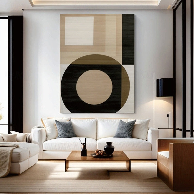 Geometric Harmony- Modern Minimalist Geometric Abstract Large Diptych Wall Art: Neutral Brown & Black Toned Framed Canvas Decor for Contemporary Interiors