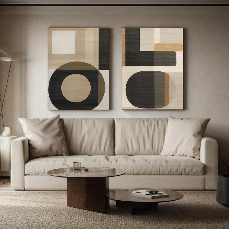 Geometric Harmony- Modern Minimalist Geometric Abstract Large Diptych Wall Art: Neutral Brown & Black Toned Framed Canvas Decor for Contemporary Interiors