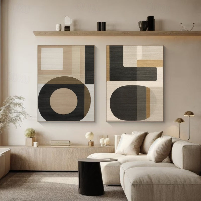 Geometric Harmony- Modern Minimalist Geometric Abstract Large Diptych Wall Art: Neutral Brown & Black Toned Framed Canvas Decor for Contemporary Interiors