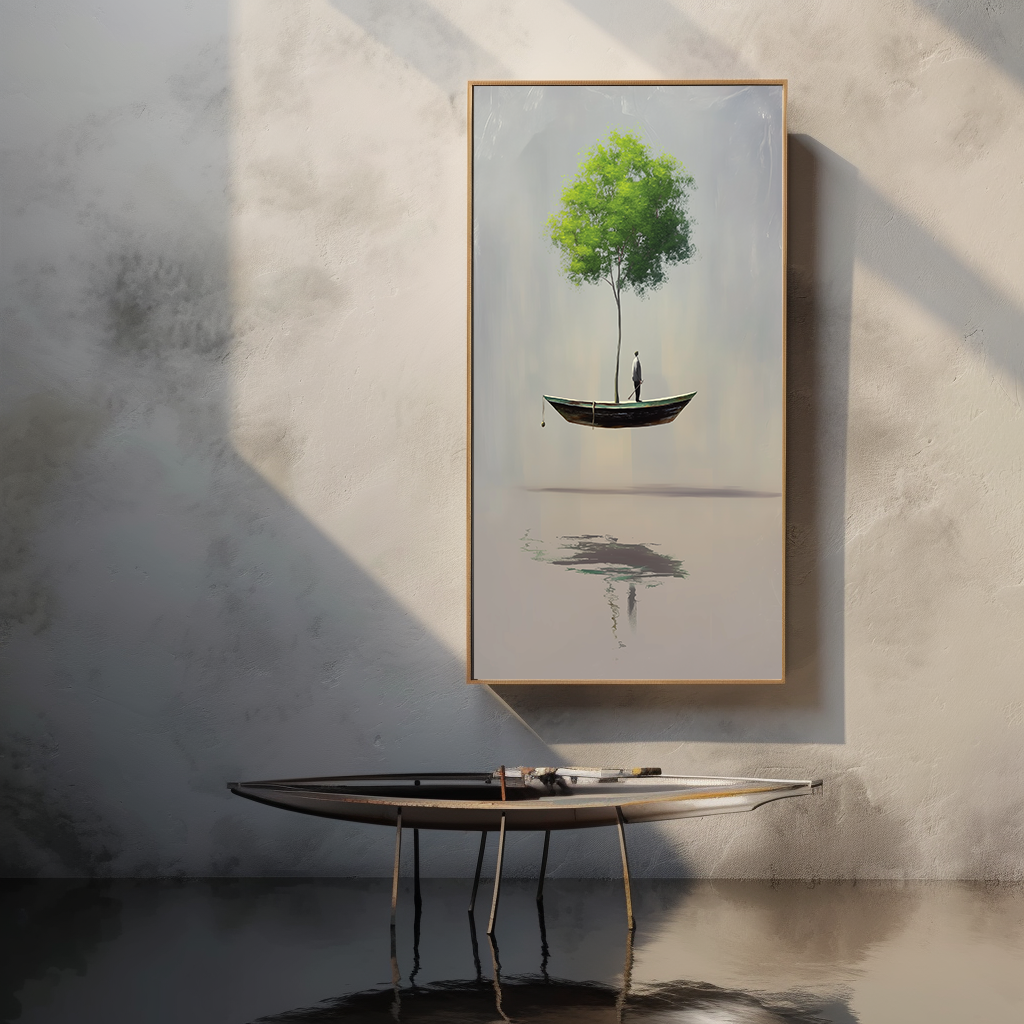 The Rooted Drift – Surreal Floating Tree and Boat Painting Minimalist Conceptual Art