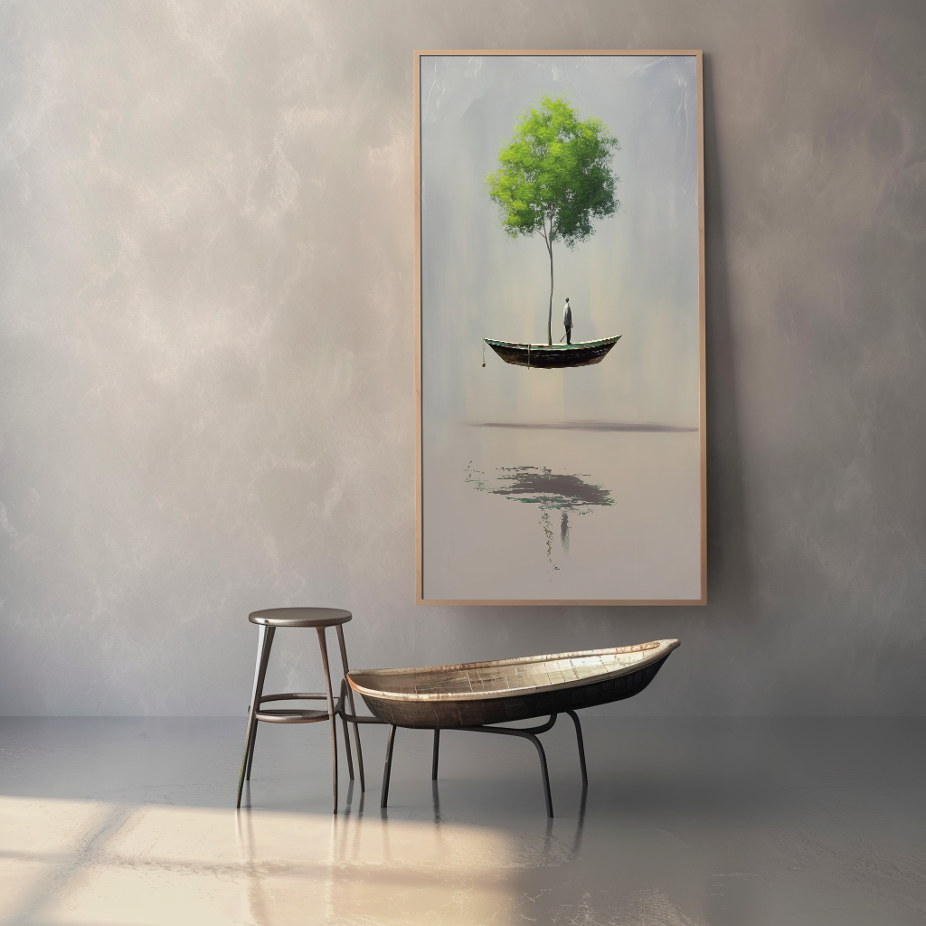 The Rooted Drift – Surreal Floating Tree and Boat Painting Minimalist Conceptual Art