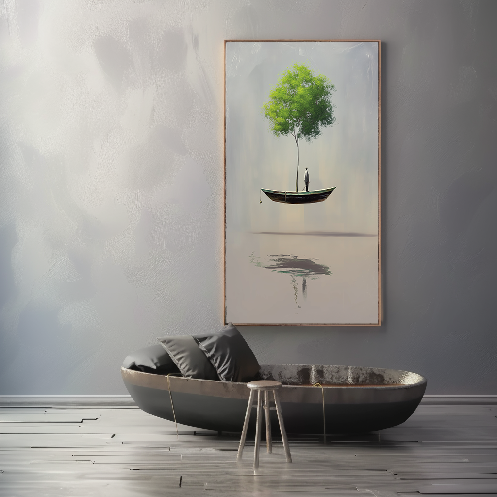 The Rooted Drift – Surreal Floating Tree and Boat Painting Minimalist Conceptual Art