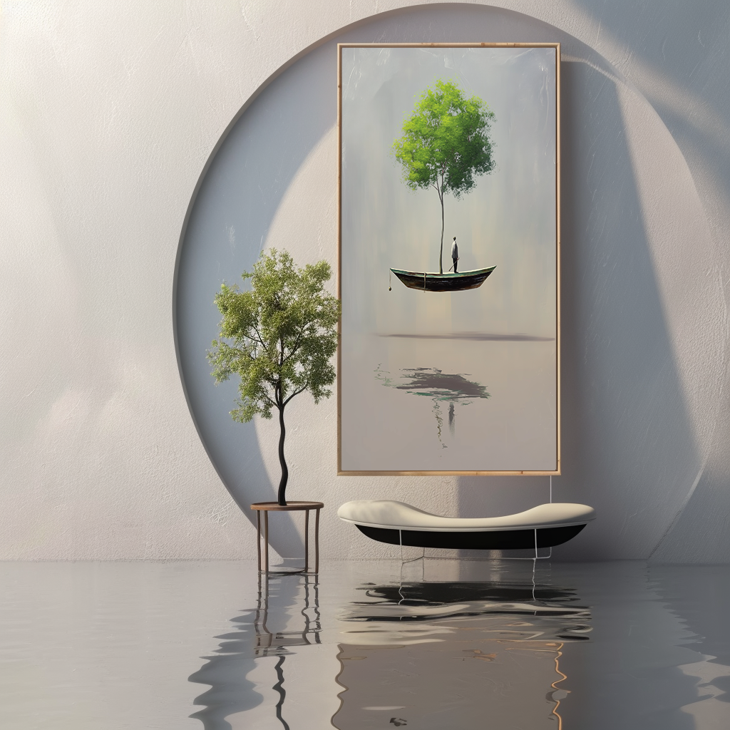 The Rooted Drift – Surreal Floating Tree and Boat Painting Minimalist Conceptual Art