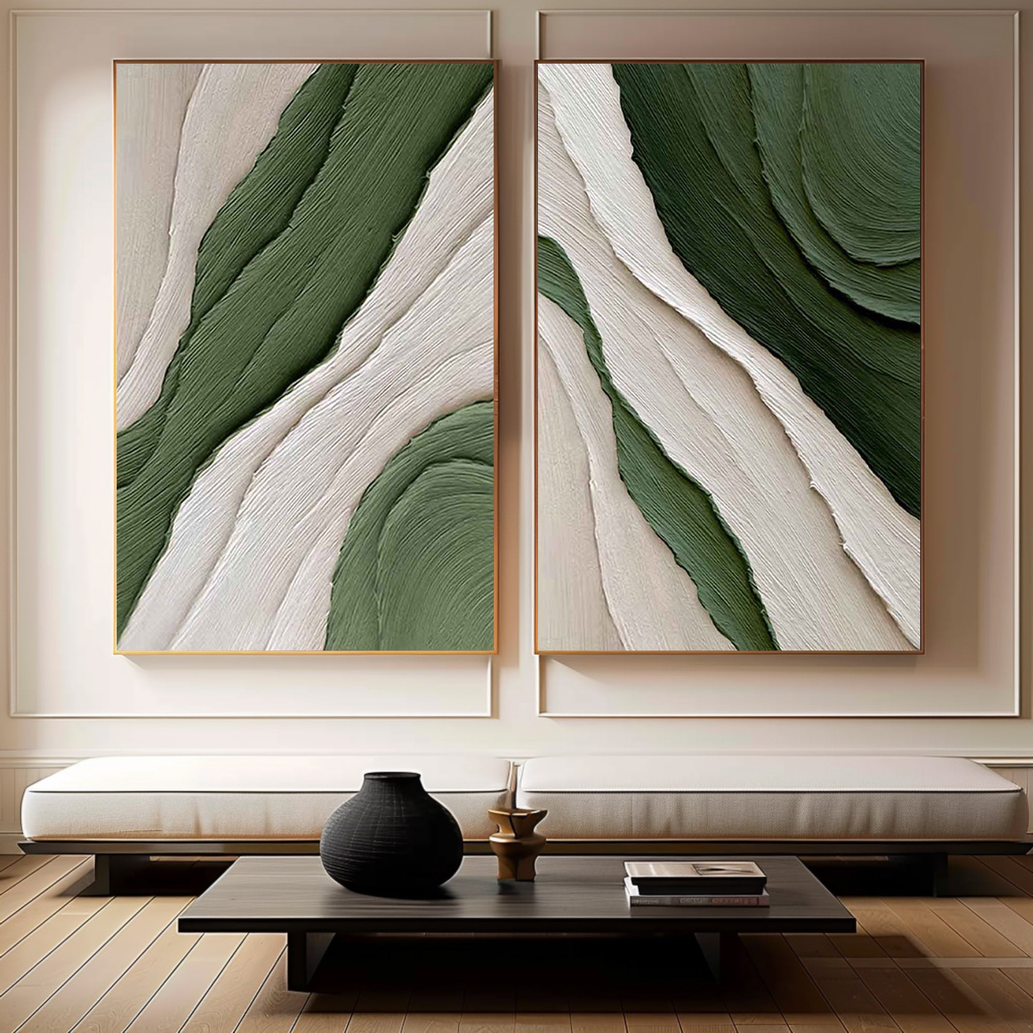 Verdant Waves Duo-Minimalist Abstract Canvas painting for Modern Decor(2 Pieces)