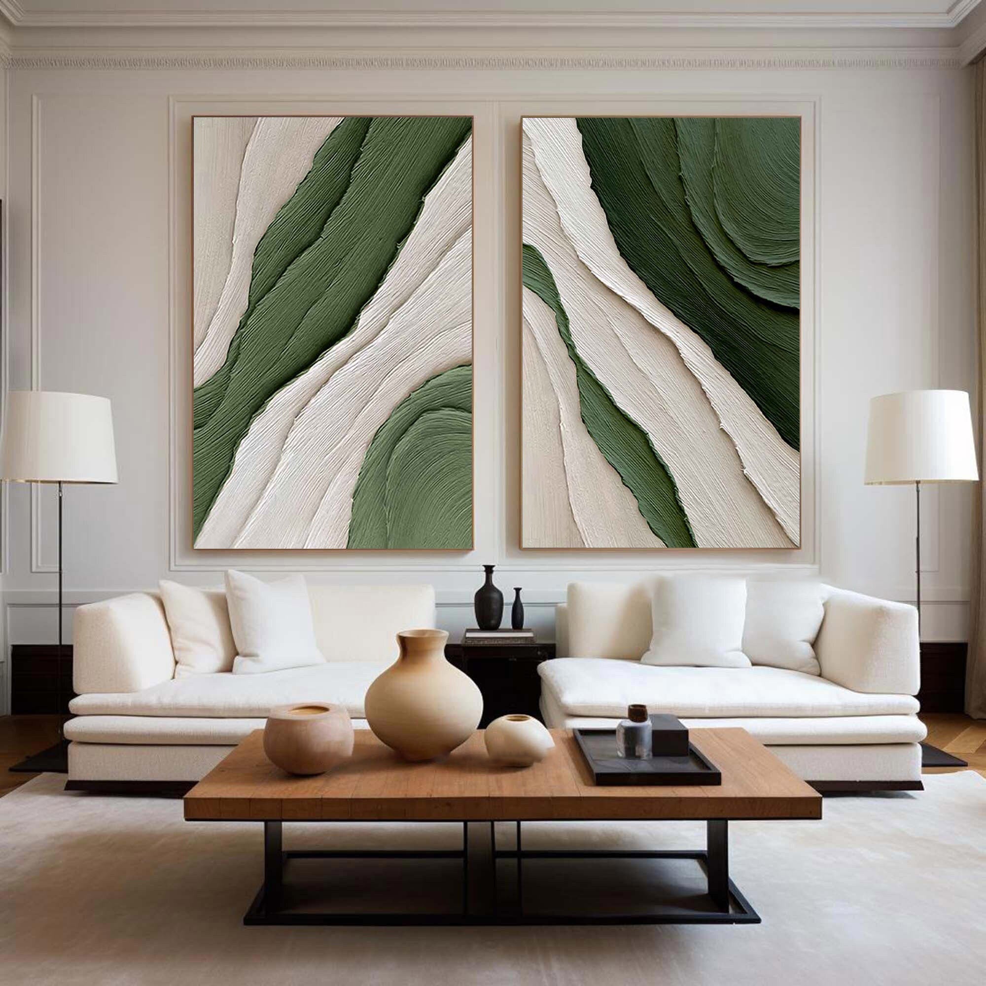 Verdant Waves Duo-Minimalist Abstract Canvas painting for Modern Decor(2 Pieces)