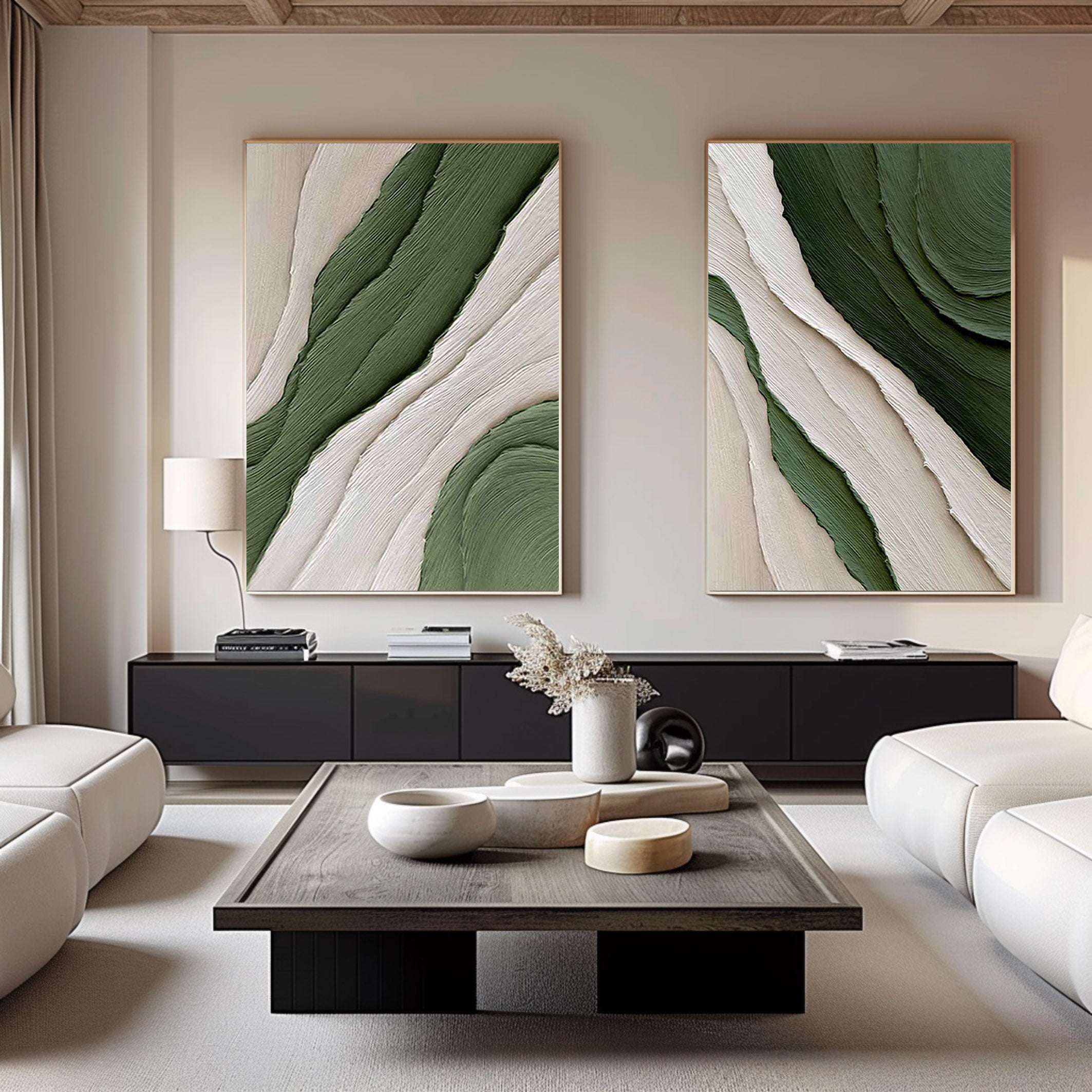 Verdant Waves Duo-Minimalist Abstract Canvas painting for Modern Decor(2 Pieces)