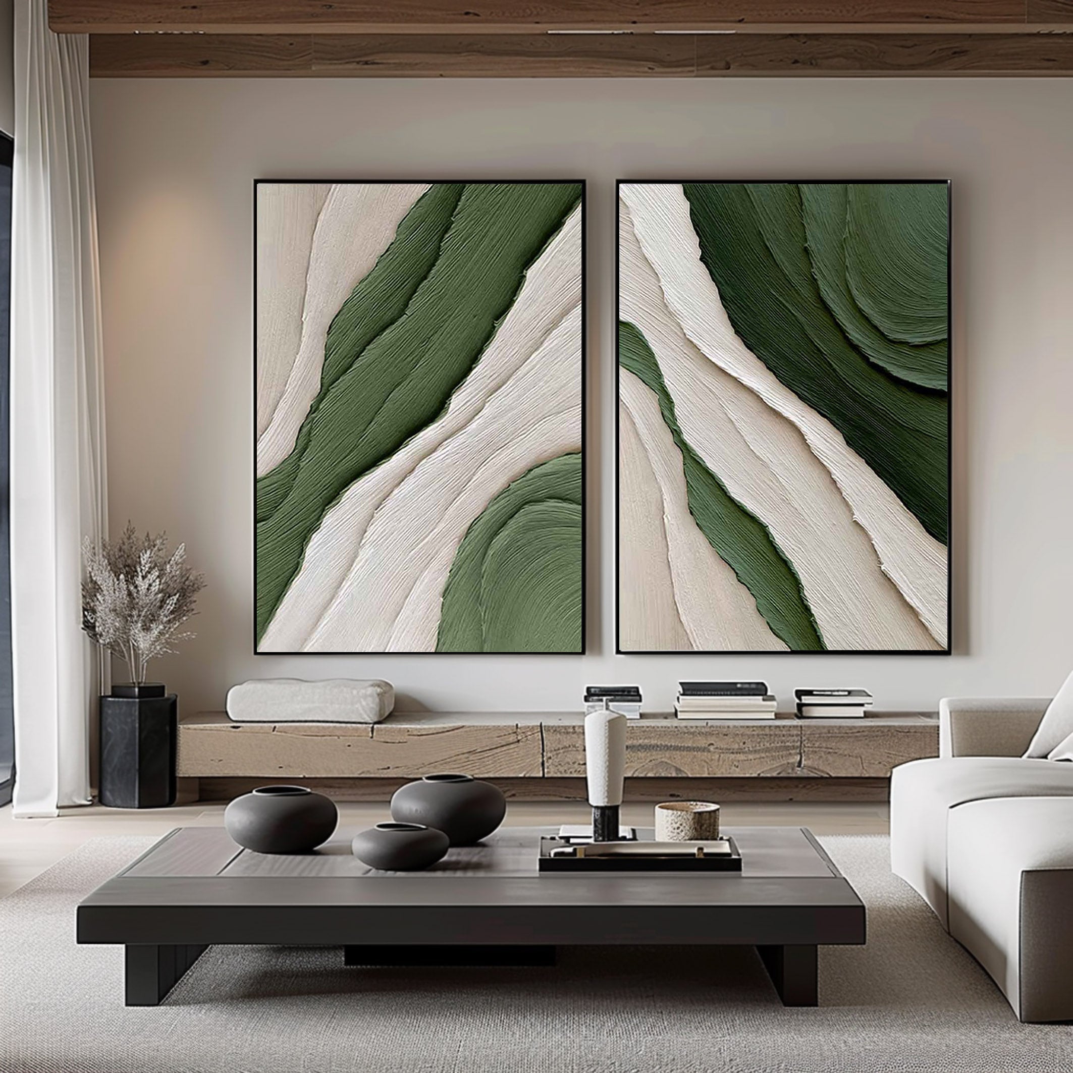 Verdant Waves Duo-Minimalist Abstract Canvas painting for Modern Decor(2 Pieces)