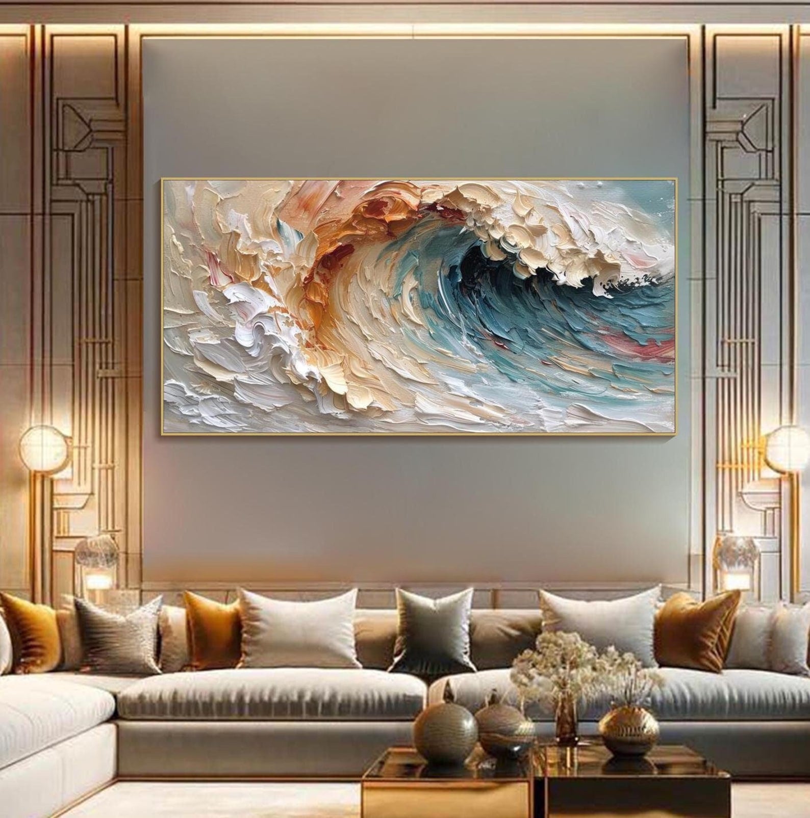 Dreamtide-Textured Abstract Vertical Canvas Wall Art: Swirling Beige, Orange & Teal Brushstroke Decor for Modern Interiors