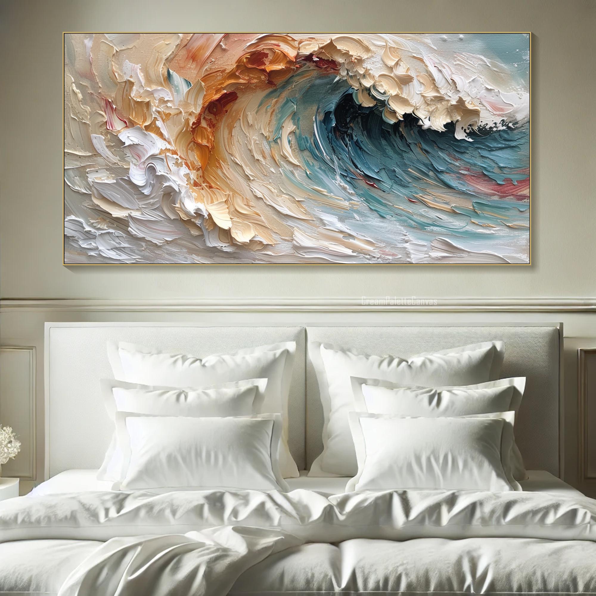 Dreamtide-Textured Abstract Vertical Canvas Wall Art: Swirling Beige, Orange & Teal Brushstroke Decor for Modern Interiors