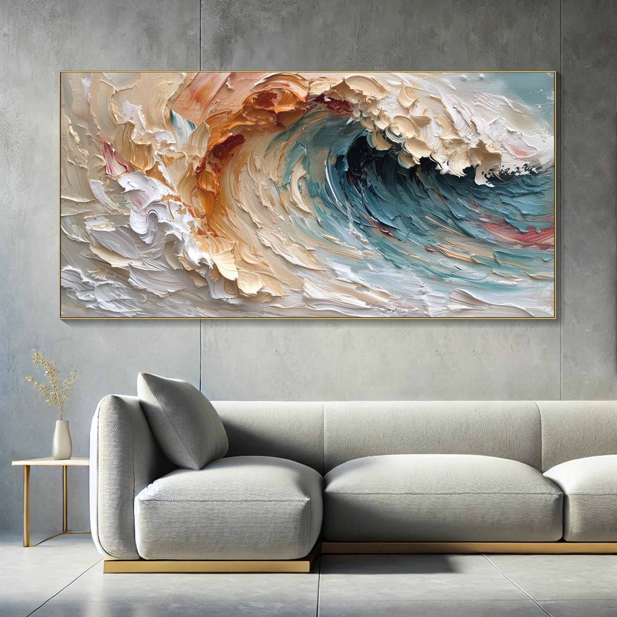 Dreamtide-Textured Abstract Vertical Canvas Wall Art: Swirling Beige, Orange & Teal Brushstroke Decor for Modern Interiors