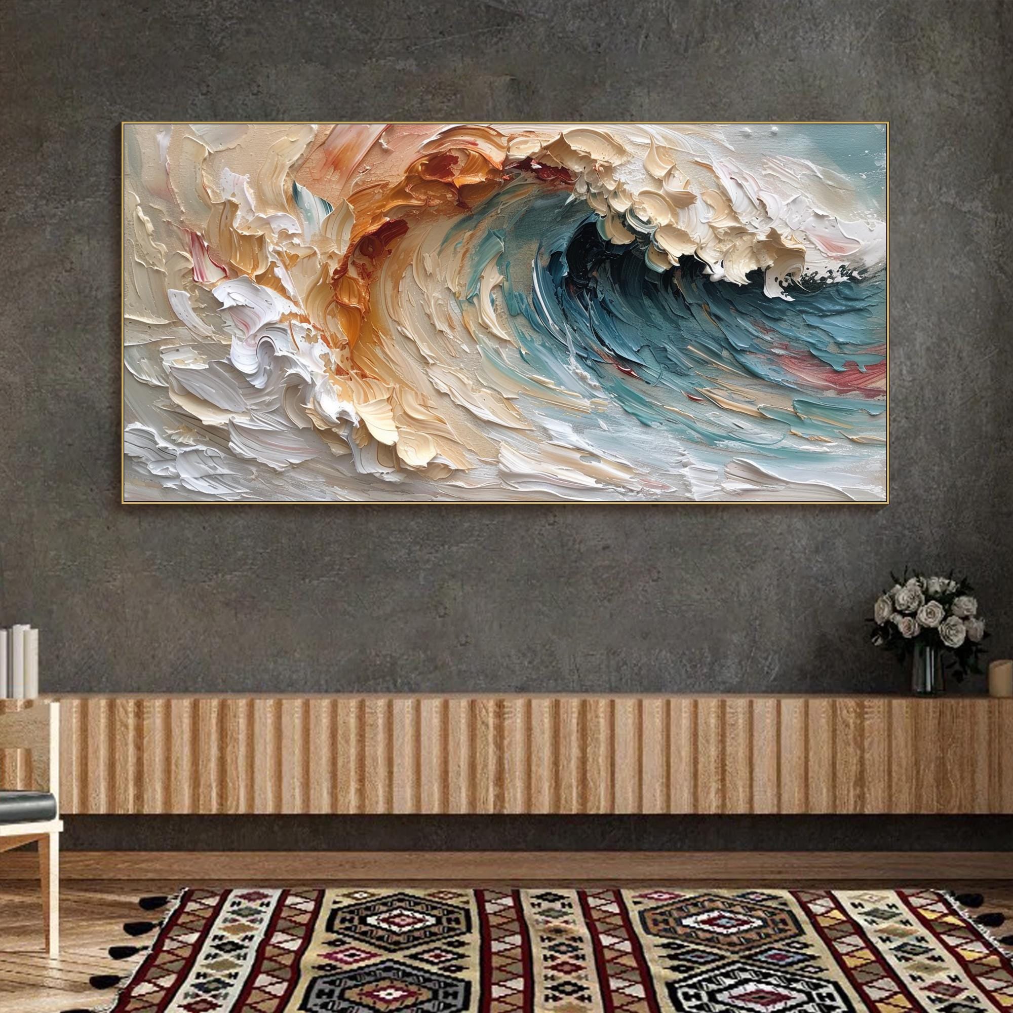 Dreamtide-Textured Abstract Vertical Canvas Wall Art: Swirling Beige, Orange & Teal Brushstroke Decor for Modern Interiors