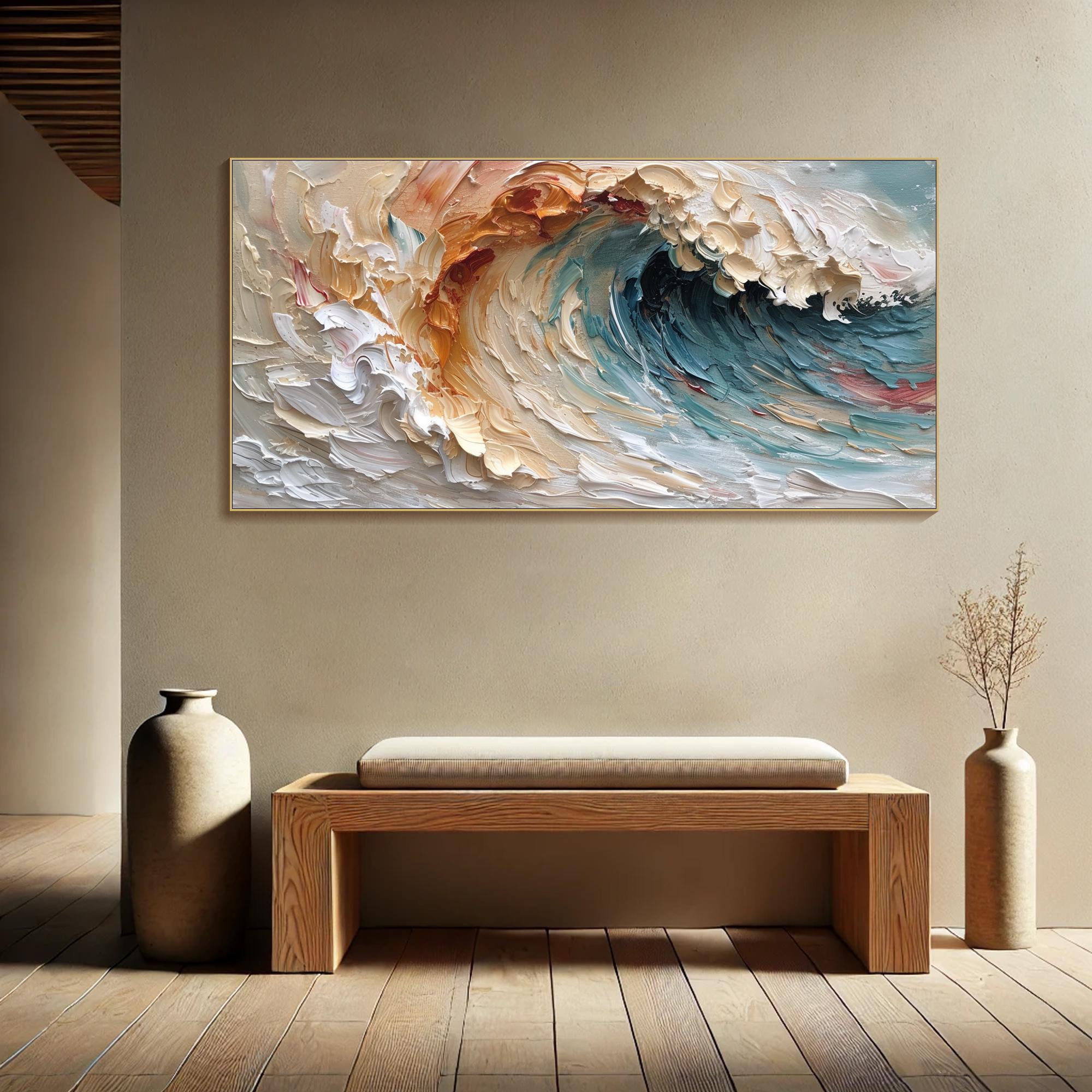 Dreamtide-Textured Abstract Vertical Canvas Wall Art: Swirling Beige, Orange & Teal Brushstroke Decor for Modern Interiors