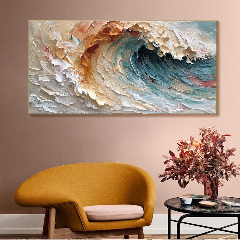 Dreamtide-Textured Abstract Vertical Canvas Wall Art: Swirling Beige, Orange & Teal Brushstroke Decor for Modern Interiors