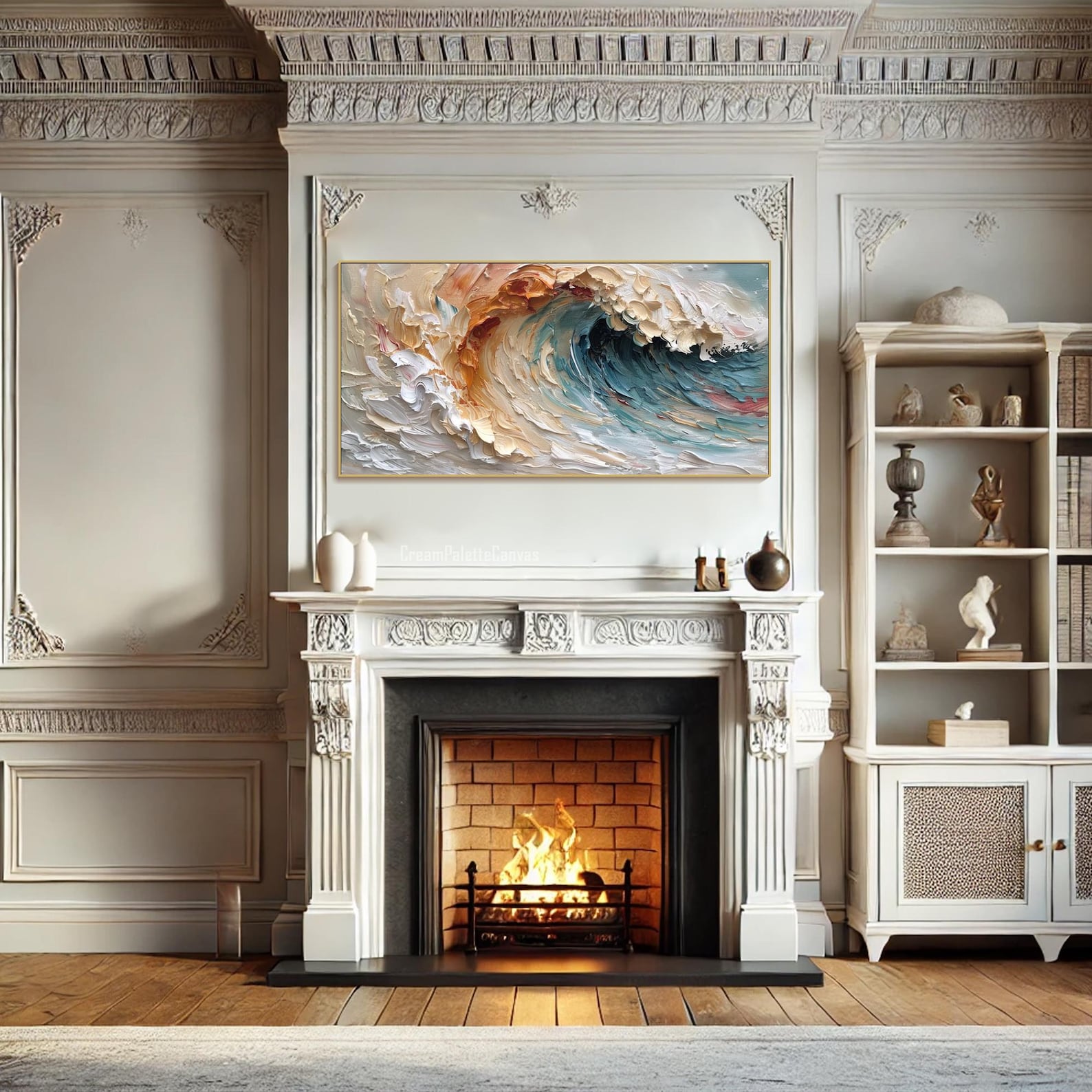 Dreamtide-Textured Abstract Vertical Canvas Wall Art: Swirling Beige, Orange & Teal Brushstroke Decor for Modern Interiors