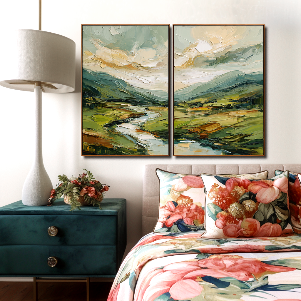 Golden Valley – Abstract Landscape Diptych Painting, Textured Canvas Wall Art for Modern Interiors