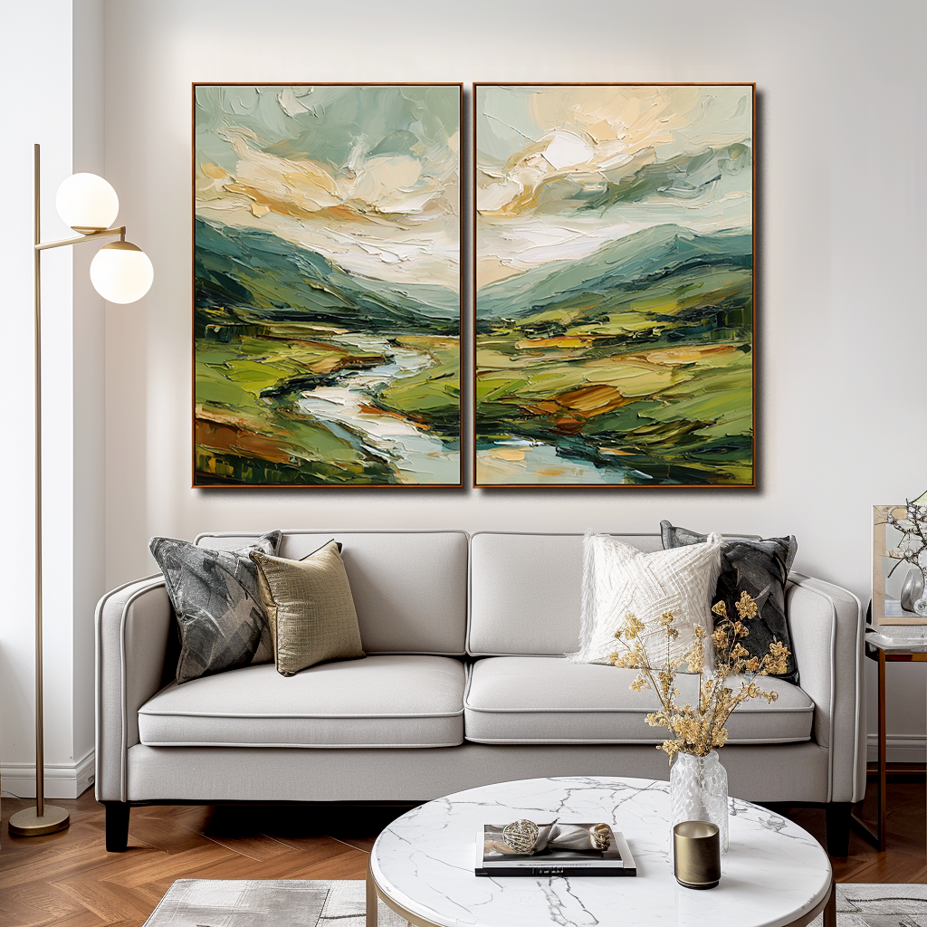 Golden Valley – Abstract Landscape Diptych Painting, Textured Canvas Wall Art for Modern Interiors