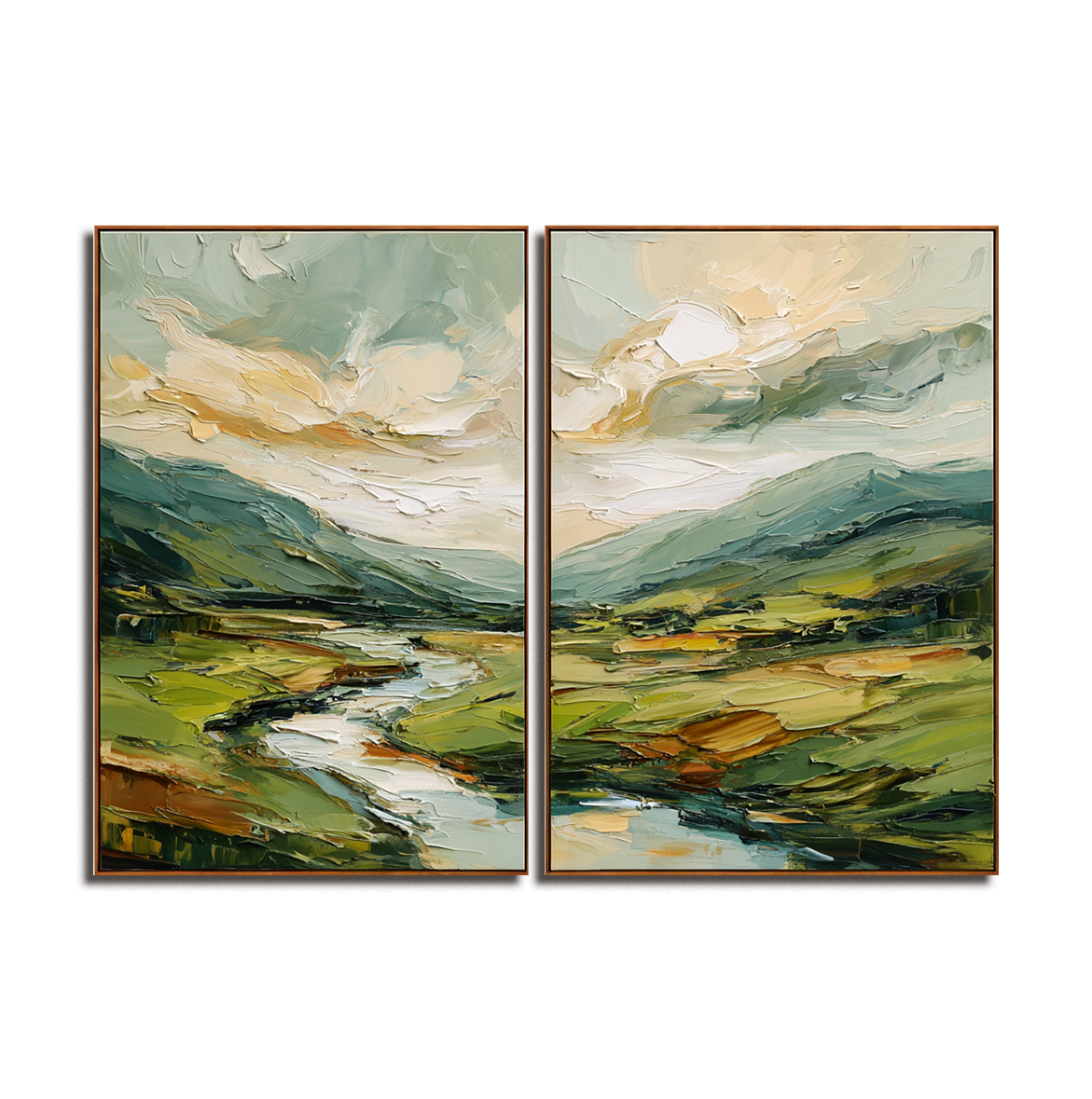 Two-panel abstract landscape painting with textured mountains, valleys, and rivers, vertical diptych canvas wall art for modern interiors.