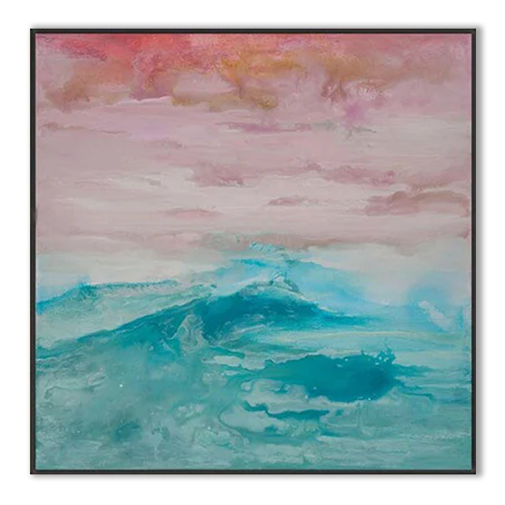 Mystic Sunset-Abstract Ocean Wave Wall Art, Pastel Sky & Teal Sea Painting for Home Decoration