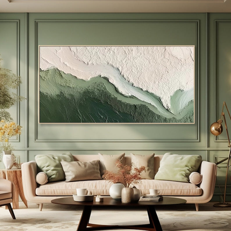 Whispering Coastline-Abstract Green & White Textured Oil Painting for Modern Decor