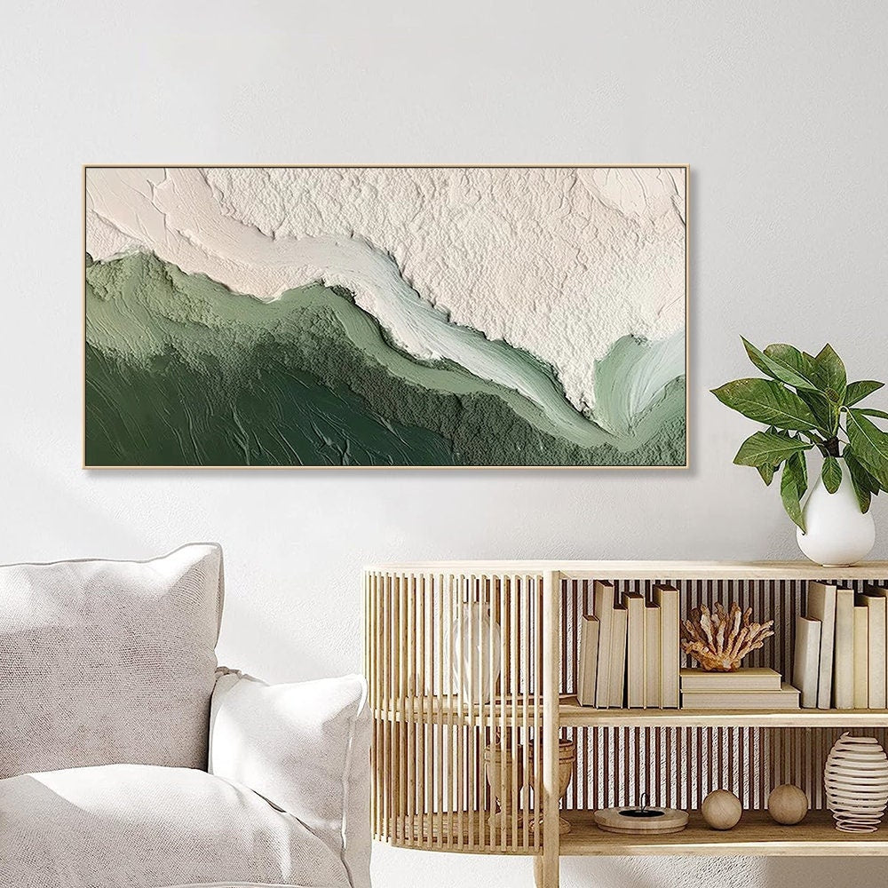 Whispering Coastline-Abstract Green & White Textured Oil Painting for Modern Decor