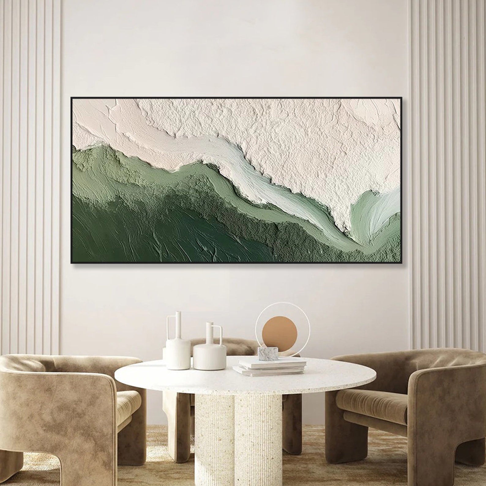 Whispering Coastline-Abstract Green & White Textured Oil Painting for Modern Decor