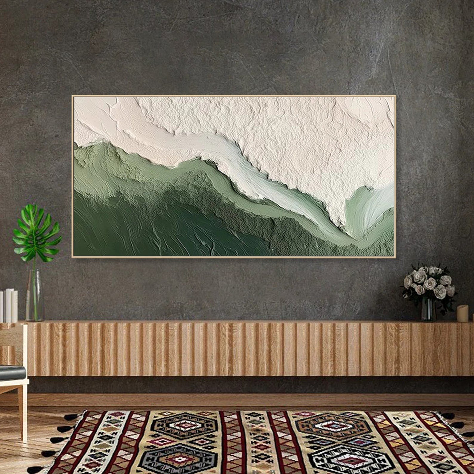 Whispering Coastline-Abstract Green & White Textured Oil Painting for Modern Decor