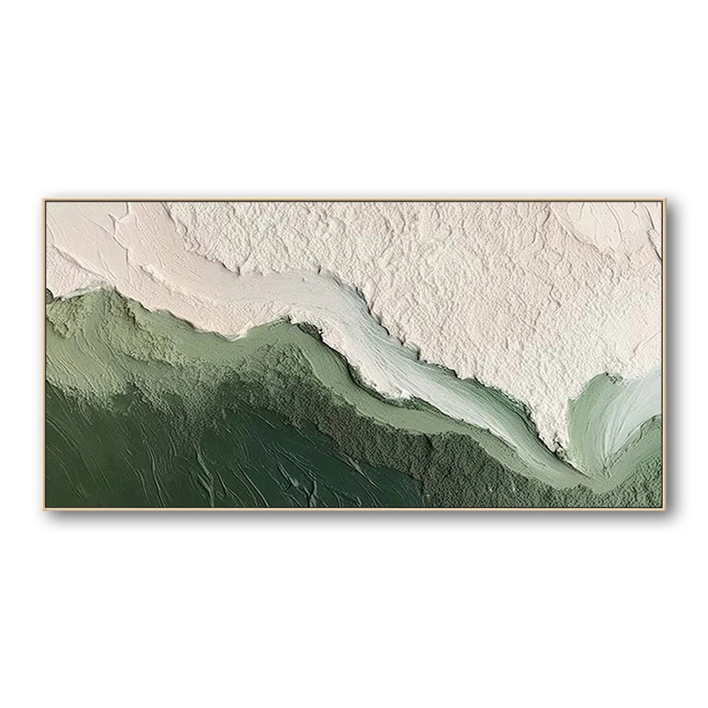 Whispering Coastline-Abstract Green & White Textured Oil Painting for Modern Decor